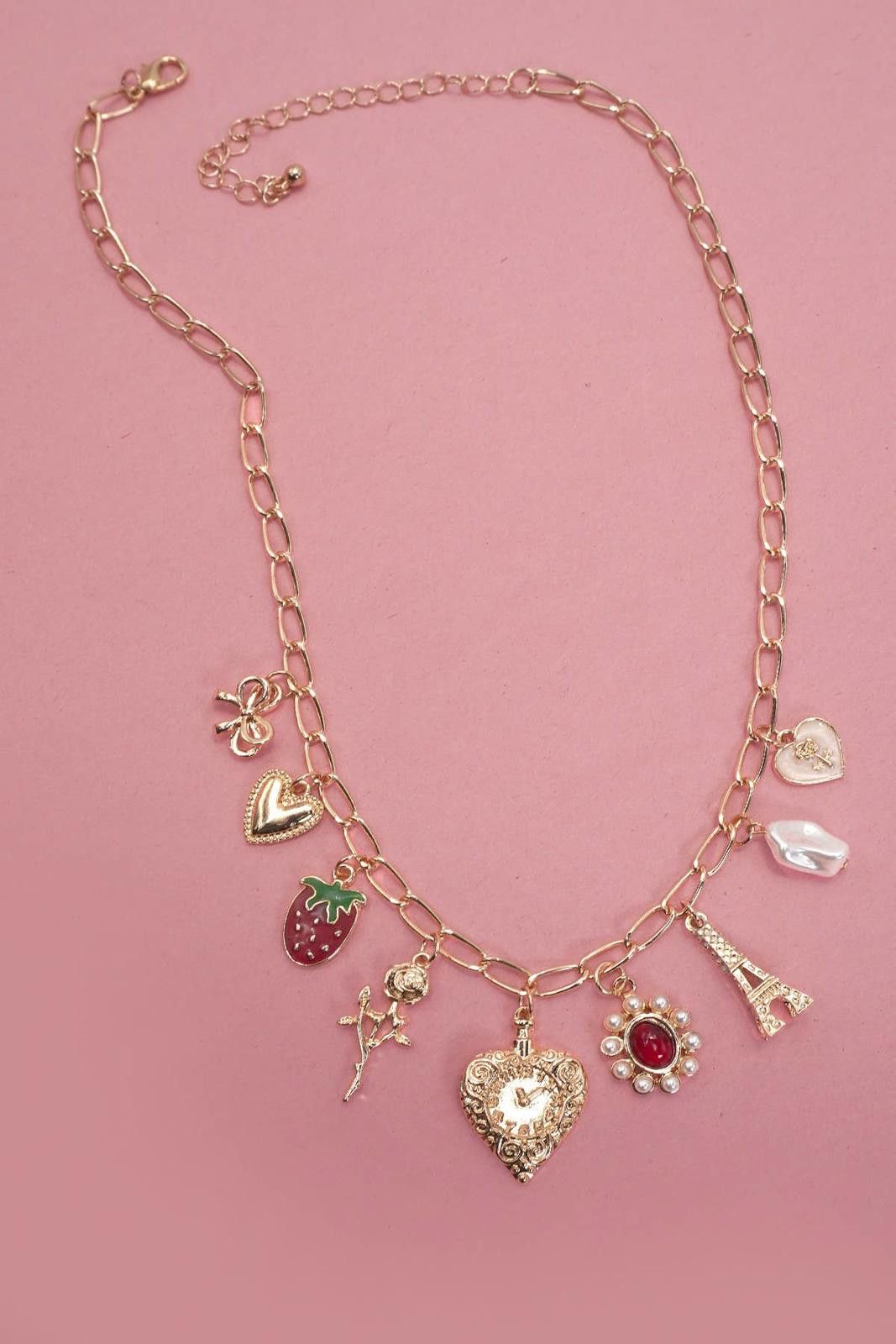 Other Charm Necklace Heart Bow Rose Strawberry Eiffel Tower Size ONE SIZE - 3 Thumbnail