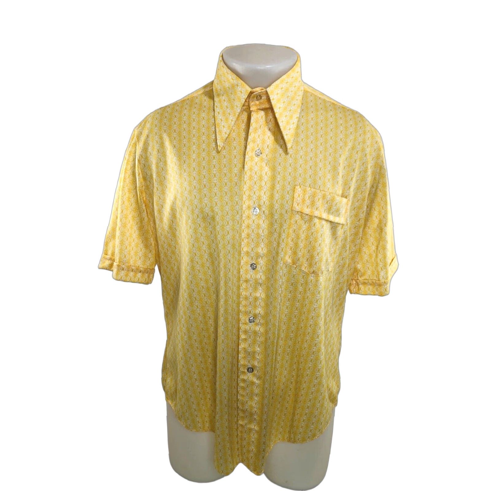 Vintage VINTAGE Montgomery Ward Shirt 1960s BUTTERFLY DISCO COLLAR Tetron L Shirt Yellow White Mens Size US L / EU 52-54 / 3 - 1 Thumbnail