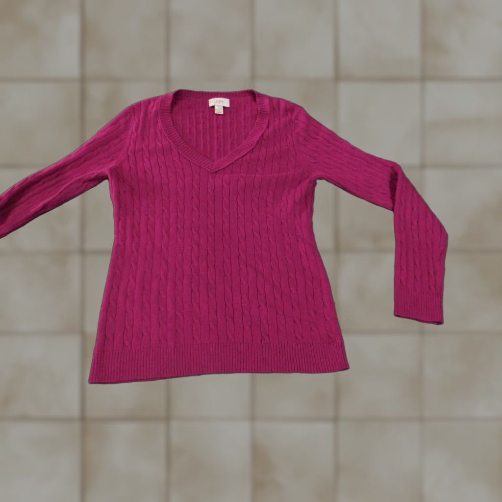 Ann Taylor Ann Taylor LOFT Sweater Womens Large Pink Cable Knit Pullover V Neck Size L / US 10 / IT 46 - 1 Thumbnail