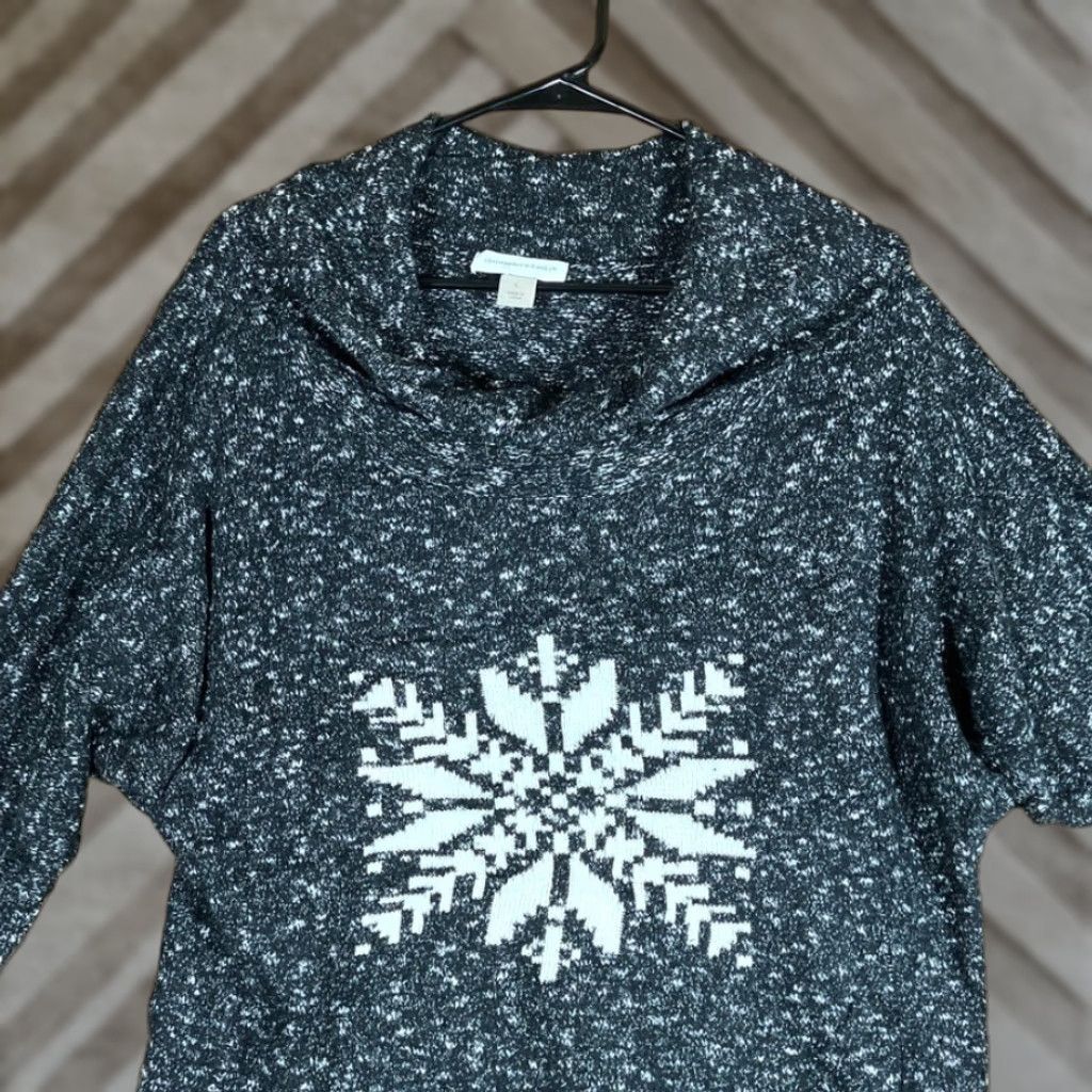 Vintage Christopher & Banks Womens Sweater Black Snowflake 3/4 Sleeve Large Knit Pullover Winter Women L Cowl Neck Regular-Size Size L / US 10 / IT 46 - 1 Thumbnail