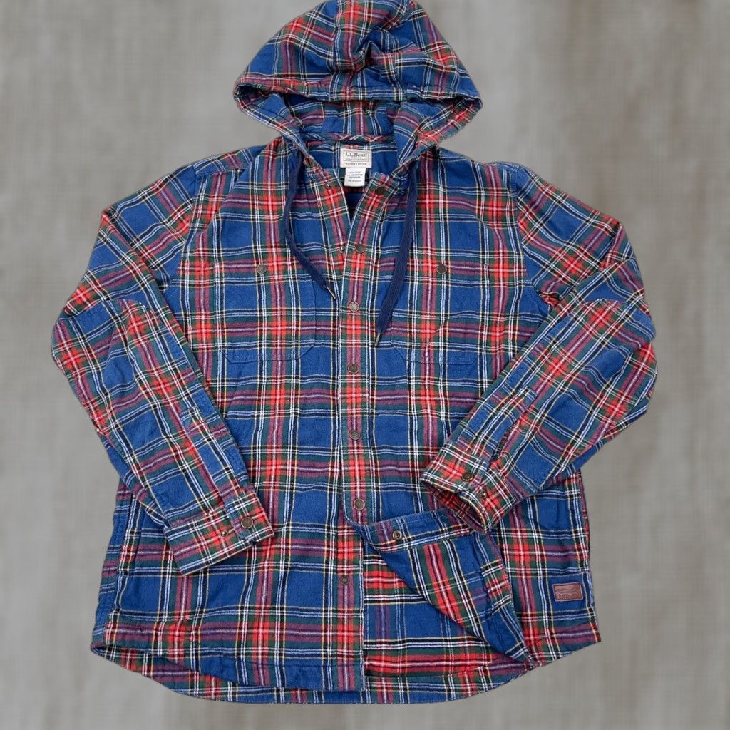 Vintage LL Bean Shacket Men M Blue Red Flannel Shirt Jacket Hooded Snap Unlined Casual Workwear Travel Plaid Jacket Mens Size US M / EU 48-50 / 2 - 1 Thumbnail