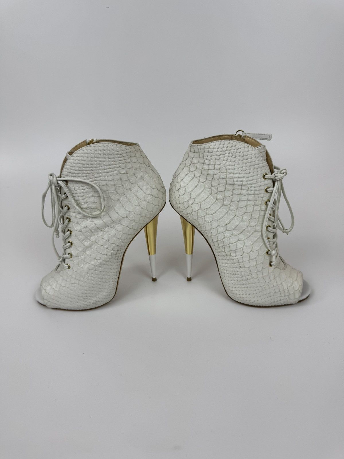 Designer Giuseppe Zanotti Open Ankle Boots Leather Stiletto High Heel Shoes in White, Women's (Size 10)