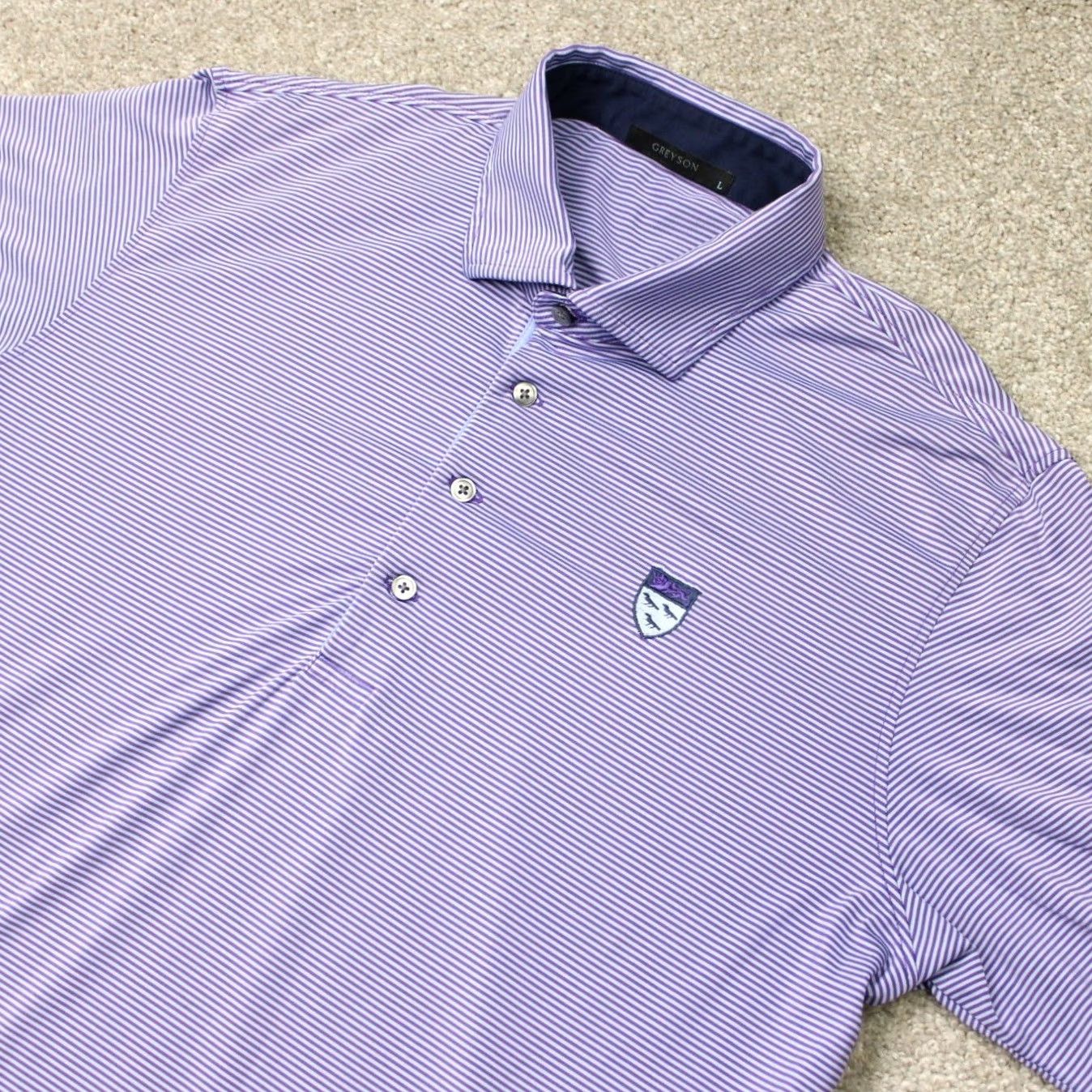 Vintage Greyson Polo Shirt Mens Large Purple Striped Golf Polyester Stretch Short Sleeve Size US L / EU 52-54 / 3 - 3 Thumbnail