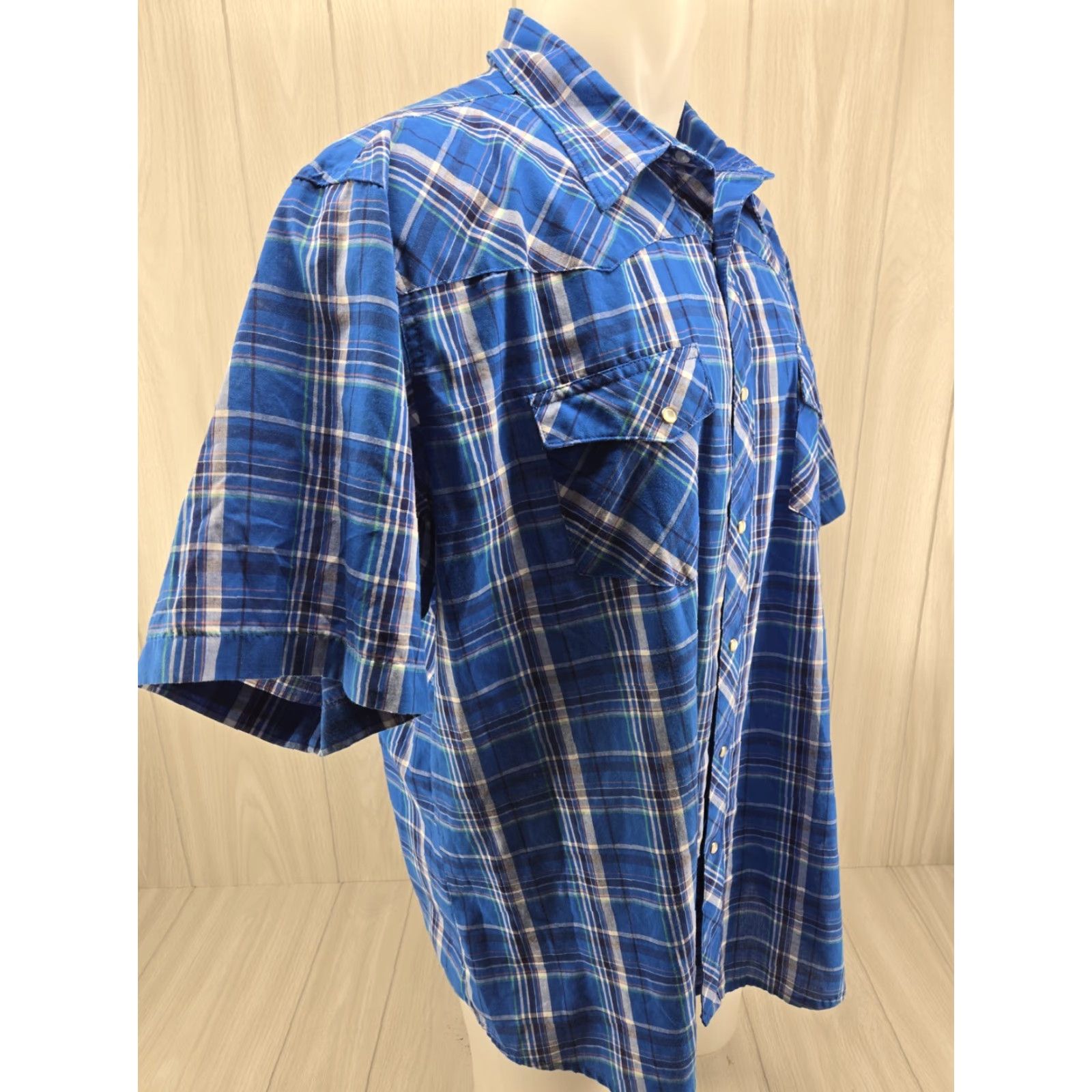 Wrangler VINTAGE Wrangler Wrancher Plaid Western Pearl Snap Short Sleeve Shirt XXL Blue Mens Size US XXL / EU 58 / 5 - 6 Thumbnail