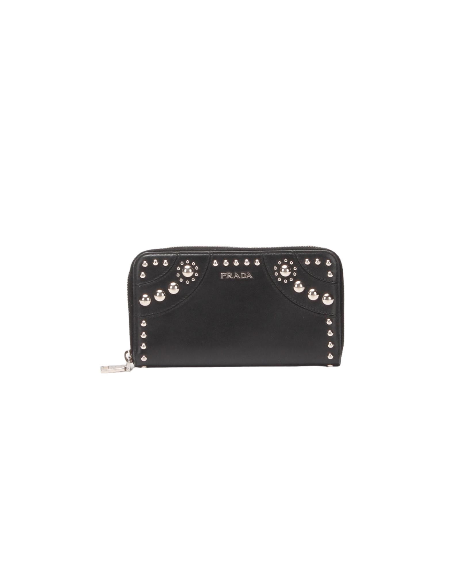 image of Prada Studded Leather Zip Around Wallet In Black, Women's