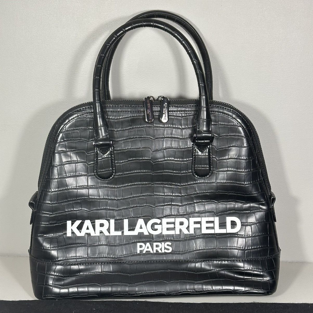 Karl Lagerfeld Paris Simone Croc Embossed Black Leather Bag