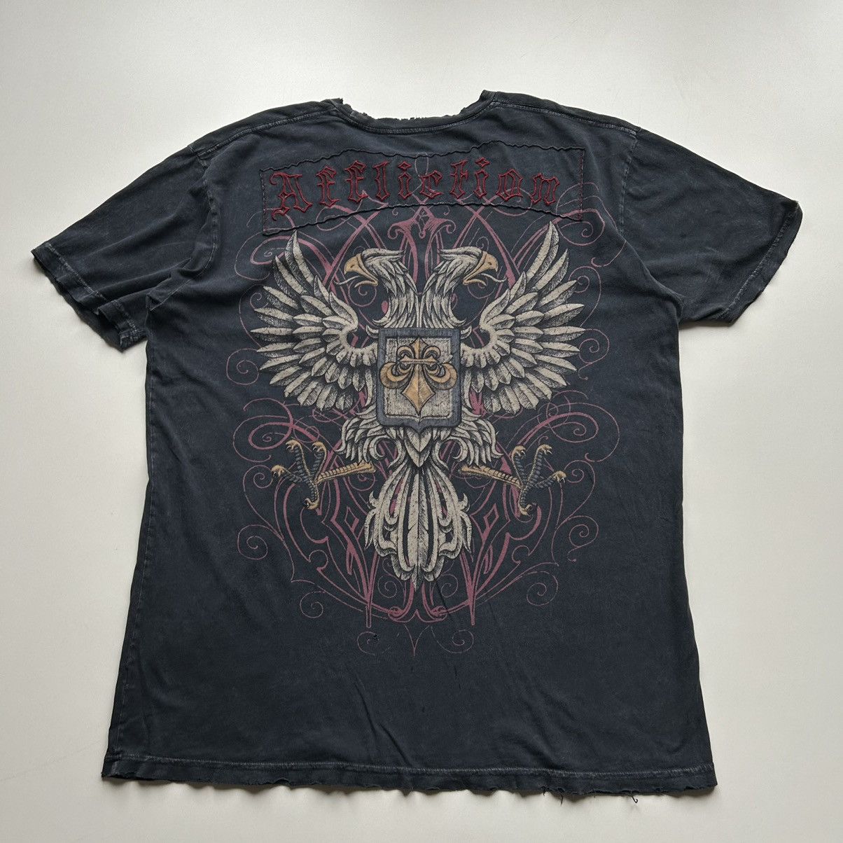 image of 2000S Affliction Gothic Graphic T Shirt Faded in Black, Men's (Size 2XL)