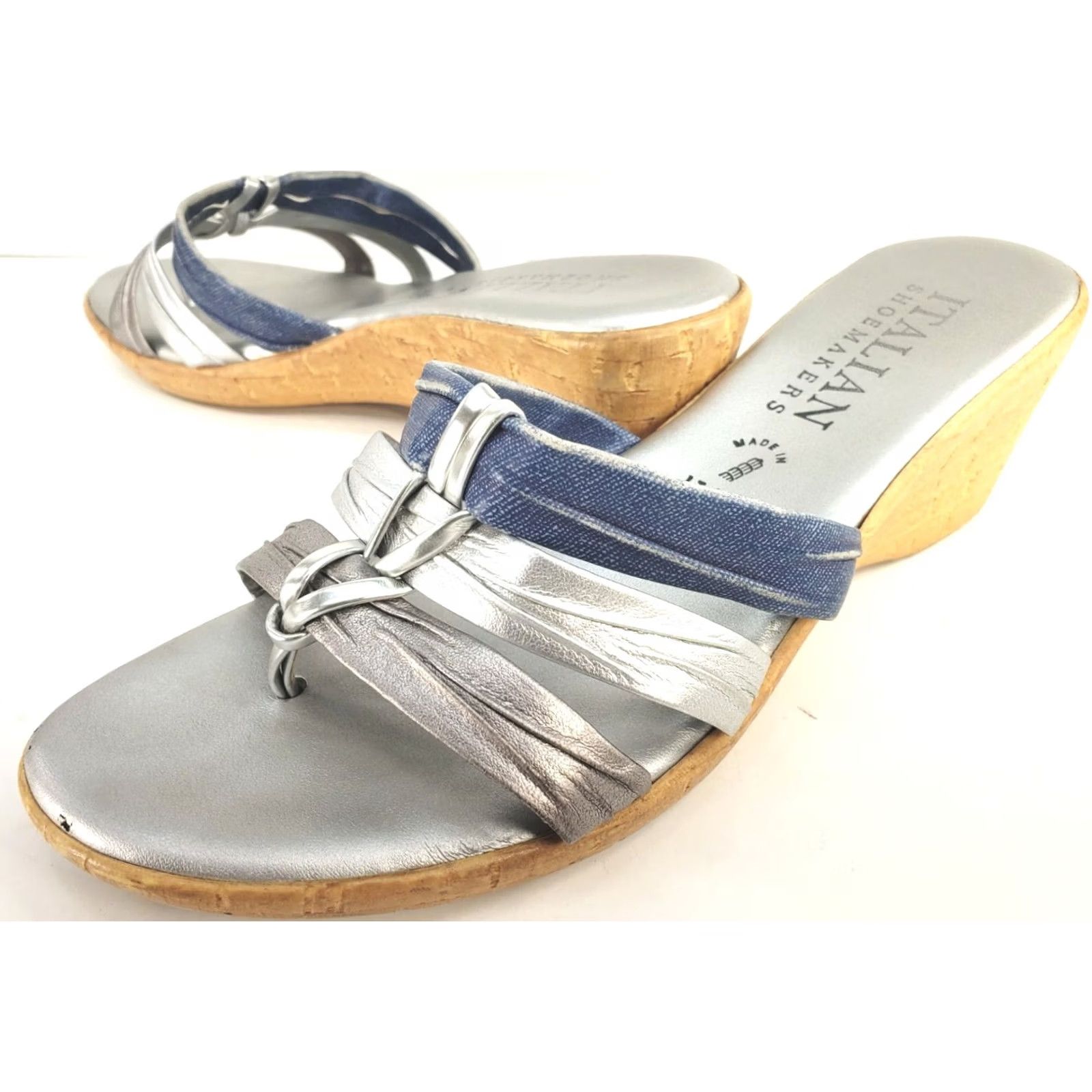 Vintage ITALIAN Shoemaker Denim Silver Wedge Slide Sandal Silver Tone Accent Sz 9 Size US 9 / IT 39 - 2 Thumbnail