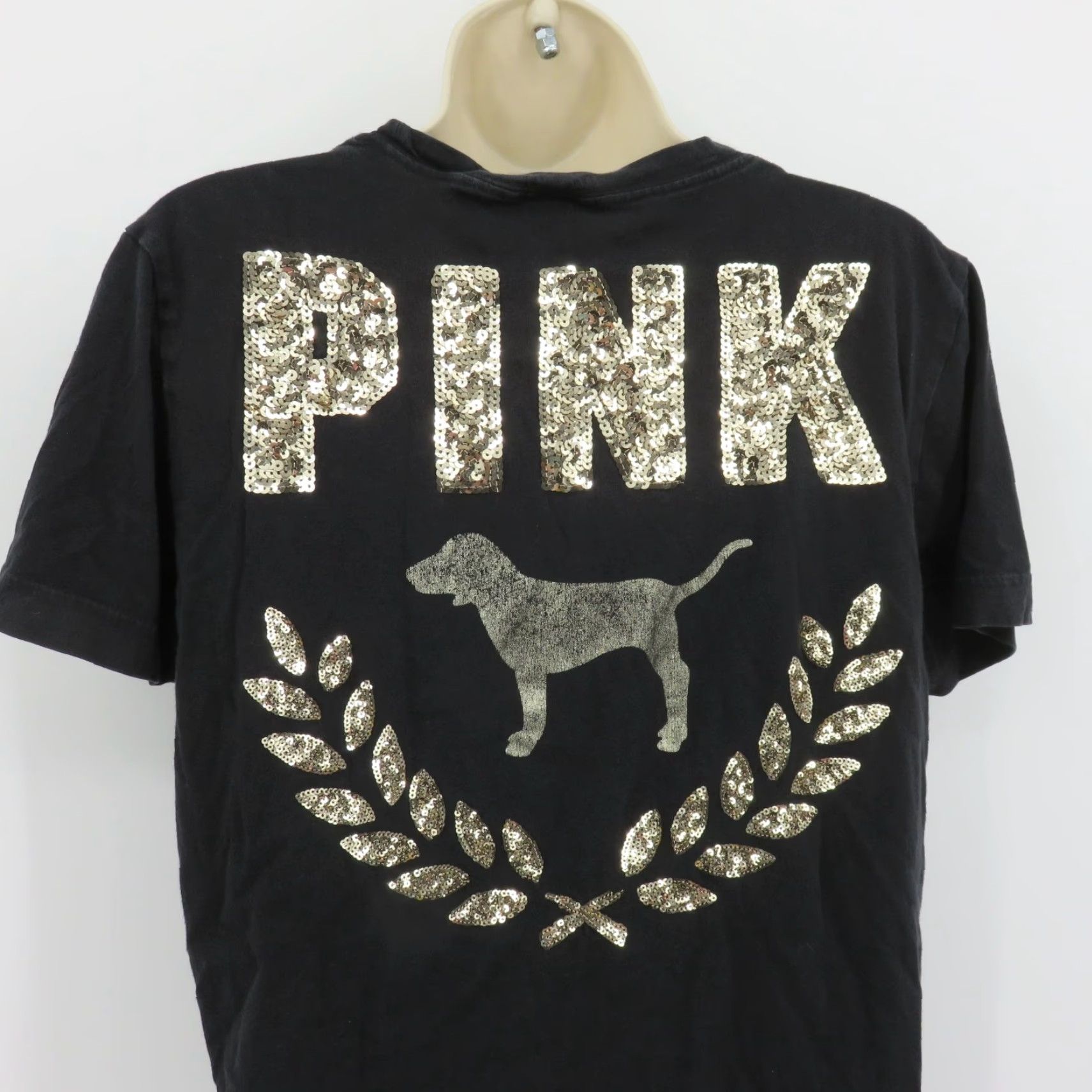 Victoria's Secret Victoria's Secret PINK Women Small Black Gold Sequin Dog Logo Tee T Shirt Top Size S / US 4 / IT 40 - 5 Thumbnail