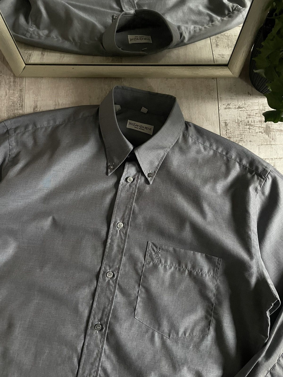 Vintage × Yves Saint Laurent Vintage Yves Saint Laurent Shirt Button Up Grey YSL Logo Size US M / EU 48-50 / 2 - 4 Thumbnail