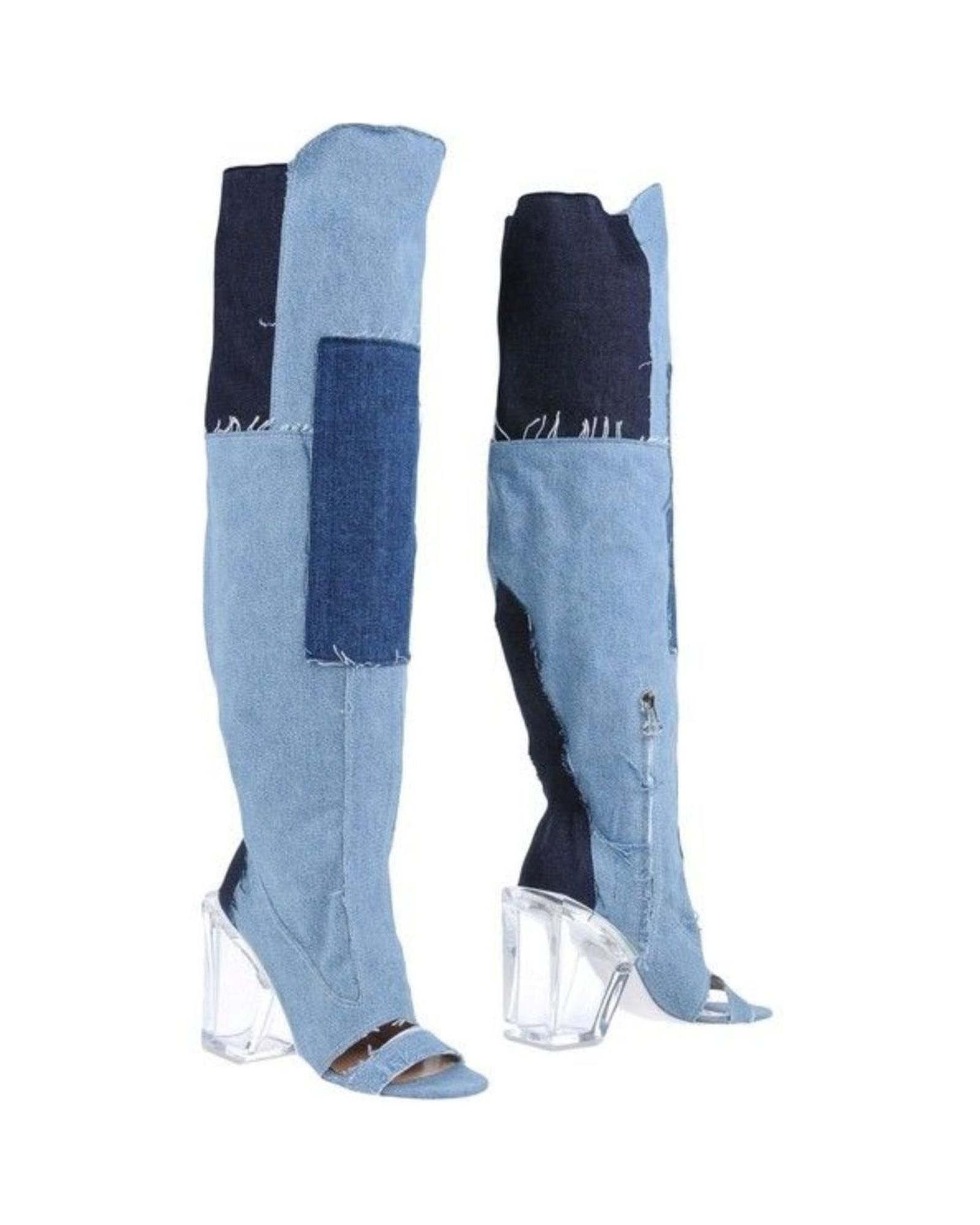 image of Off White Vintage Denim Boots With Transparent Heel Shoes in Light Blue, Women's (Size 7)