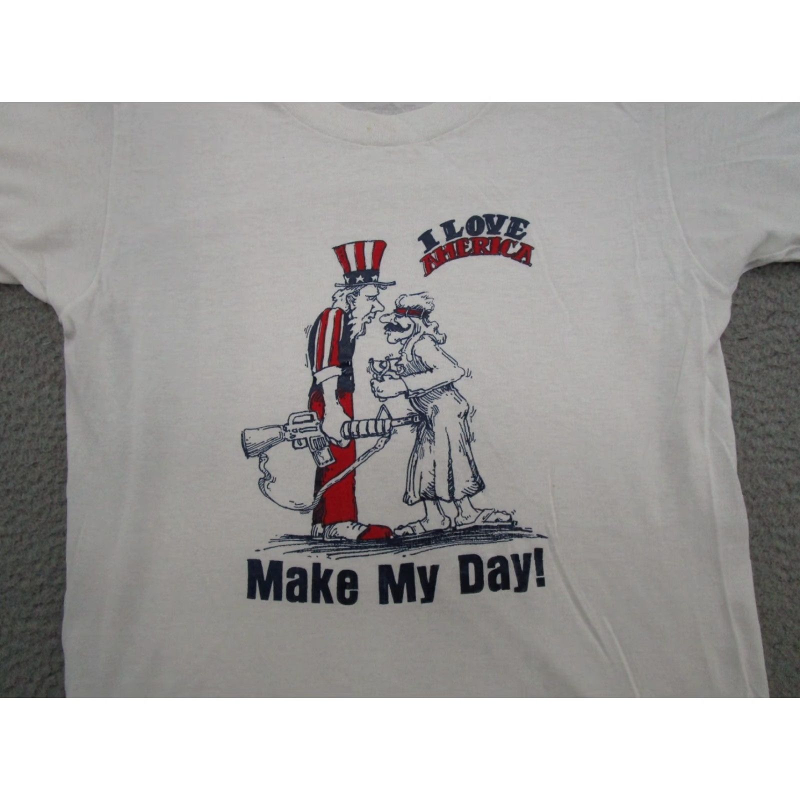Vintage VTG Stedman Shirt I Love America Make My Day Hippie Uncle Sam Army 70s 80s SZ M White Mens Size US M / EU 48-50 / 2 - 2 Thumbnail