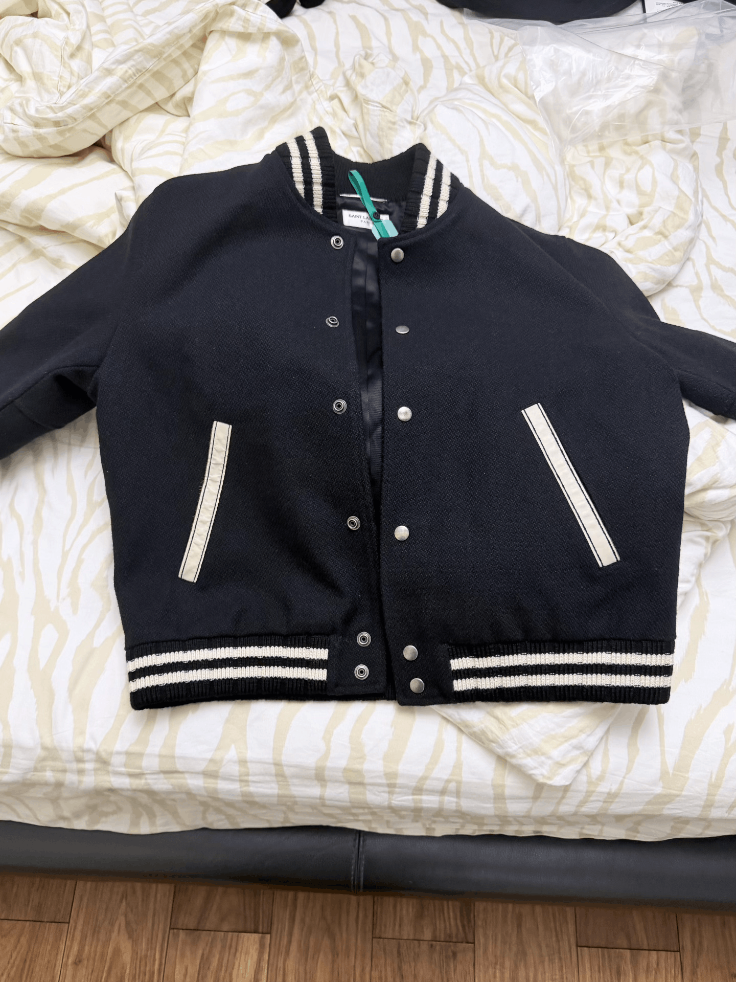 Yves Saint Laurent Black Baseball Jacket with White Stripes Size US L / EU 52-54 / 3 - 1 Thumbnail
