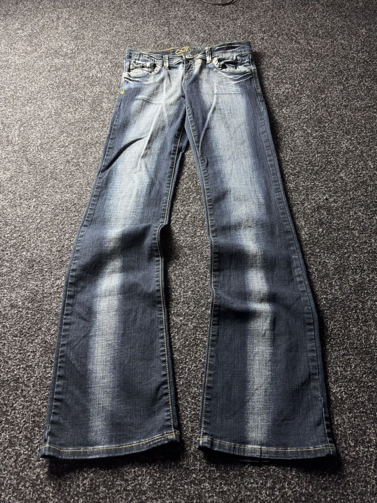 Japanese Brand Retro 00s Amadee Crown Embroidery Flare Jeans Y2K Vintage Size 29" - 2 Thumbnail