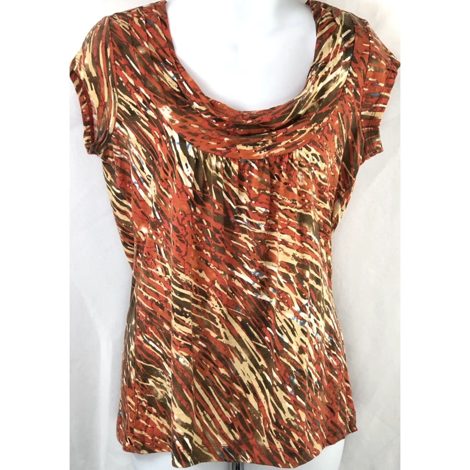 CO Liz & Co Scoop Cowl Draped Neck Top S Orange Geo Pleated Short Sleeve Bohemian Size S / US 4 / IT 40 - 2 Thumbnail