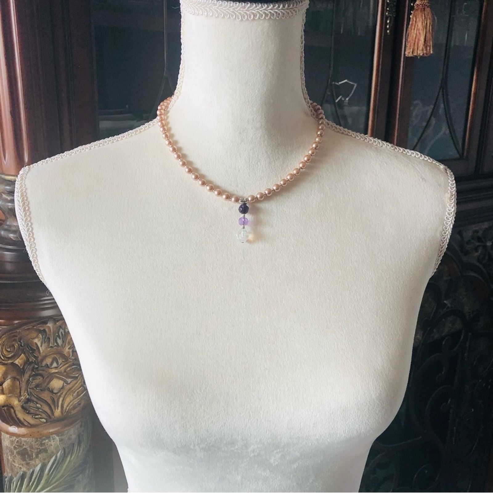 Handmade Handcrafted repurpose Crystal drop pendant Pearl necklace Size ONE SIZE - 5 Thumbnail