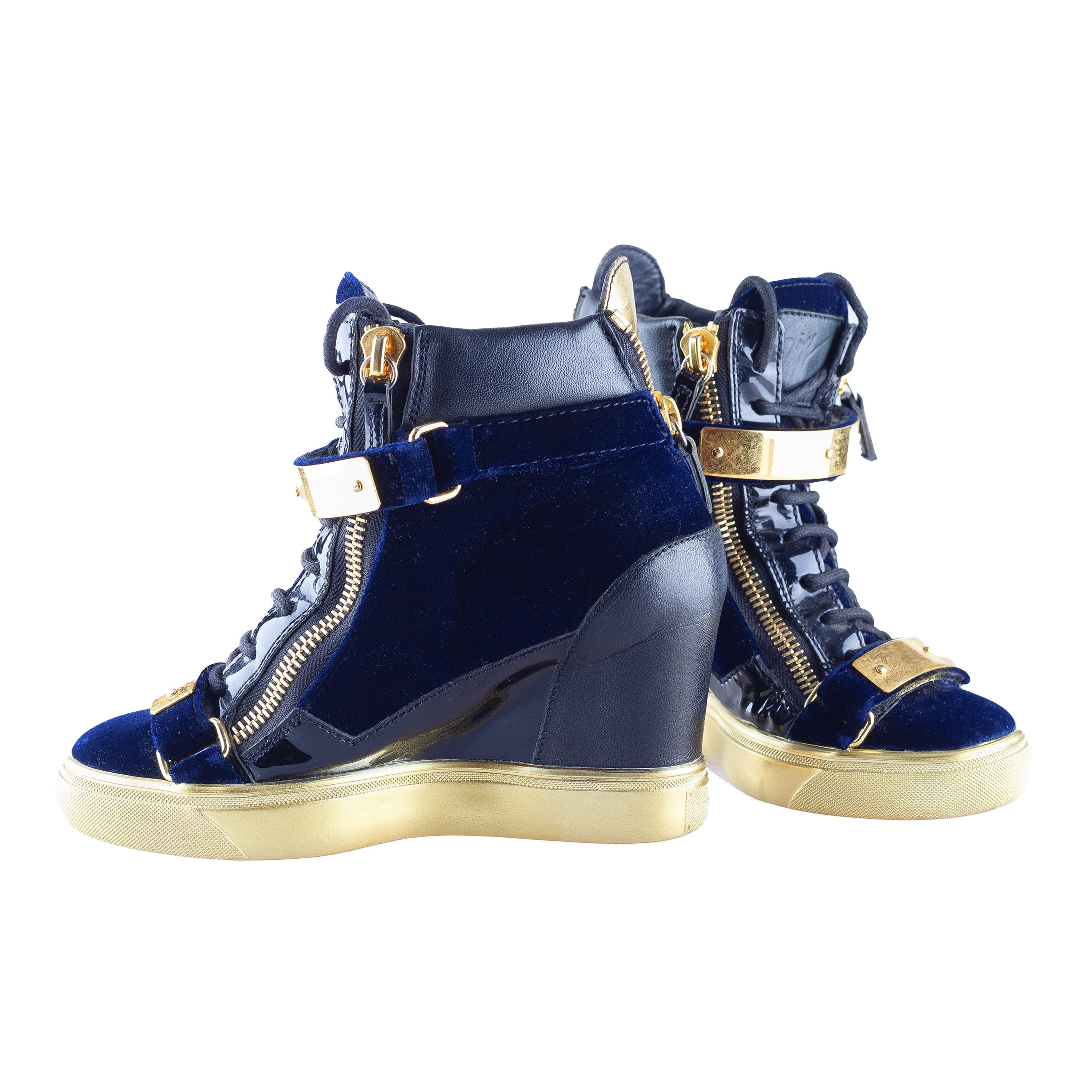 Giuseppe Zanotti Giuseppe Zanotti Navy Golden Velour Wedge Sneakers Size US 6.5 / IT 36.5 - 2 Thumbnail