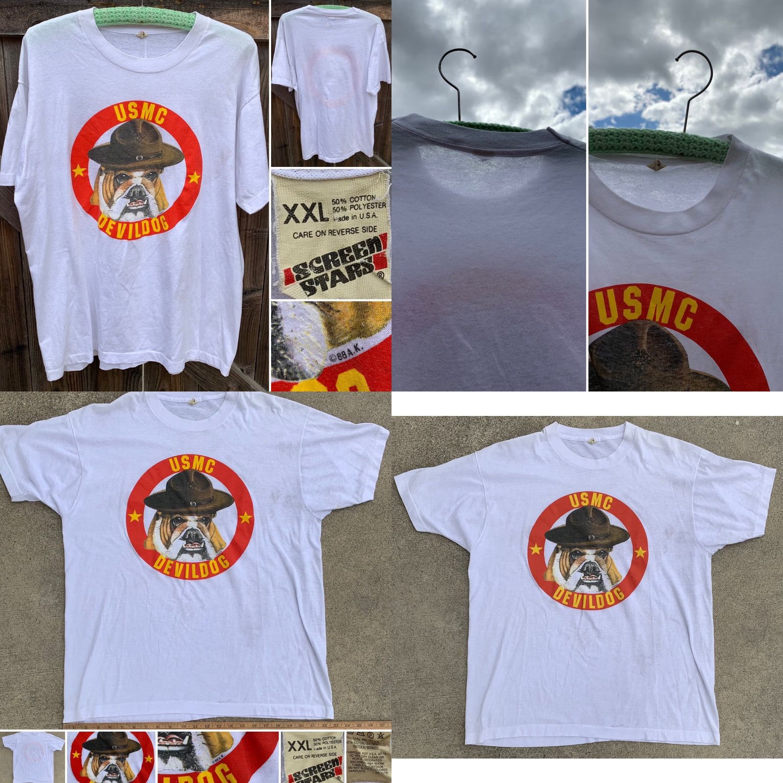 Vintage VINTAGE USMC Devildog t shirt 80s 1980s White Cotton Blend Screen Stars 2XL Mens Graphic Tee Marines Dog 88 AK C 88 A.K. Decade 1980s 1980s Size US XXL / EU 58 / 5 - 8 Thumbnail