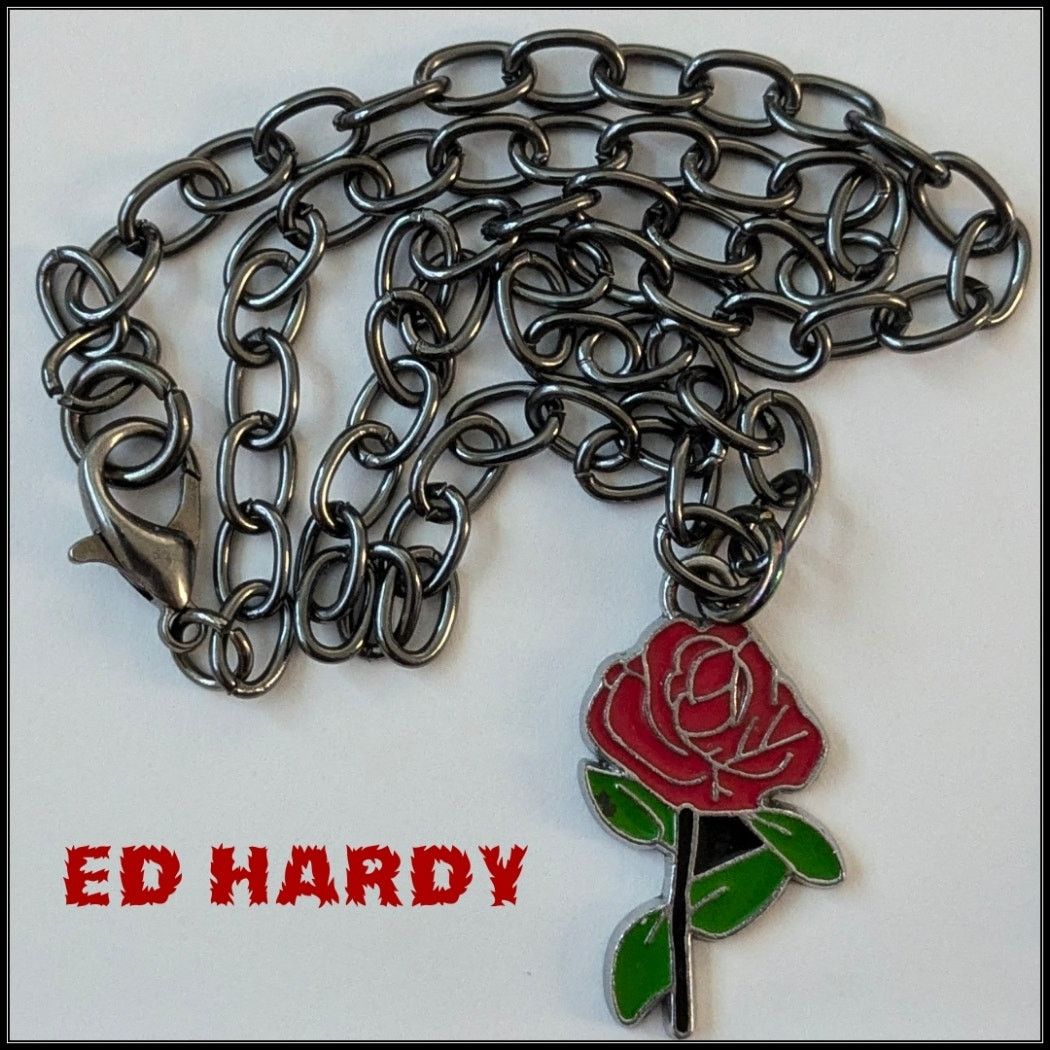 Ed Hardy ED HARDY Red Rose Pendant Necklace on Gunmetal Gray Chain Size ONE SIZE - 1 Thumbnail