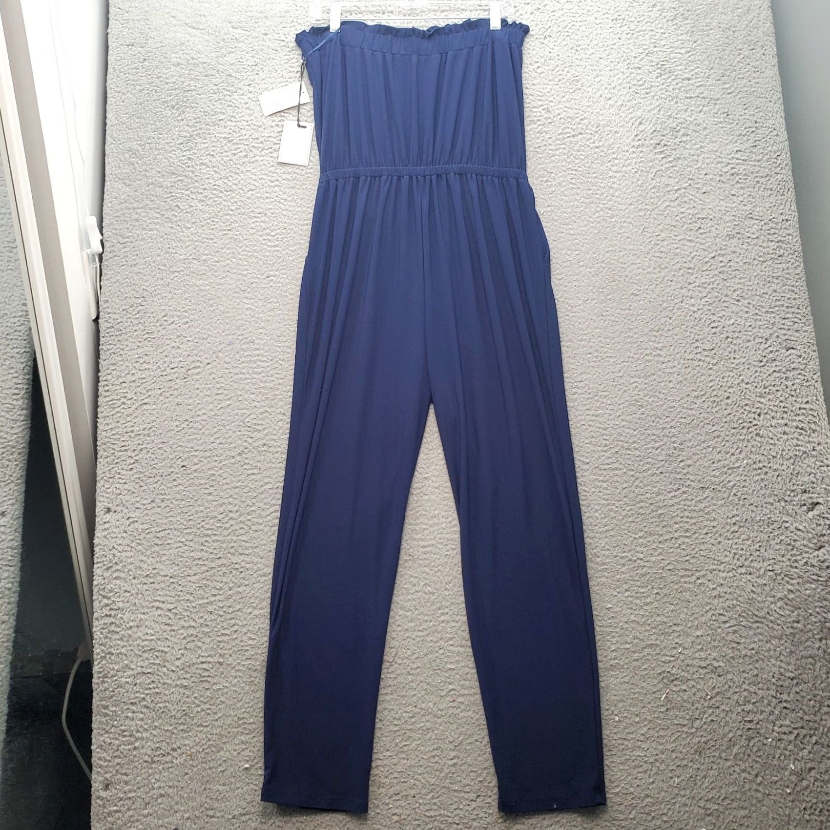 Vintage 1.STATE Jumpsuit Women M Navy Off The Shoulder On Seam Pockets Stretch Waist Dress? Size 32" / US 10 / IT 46 - 2 Thumbnail