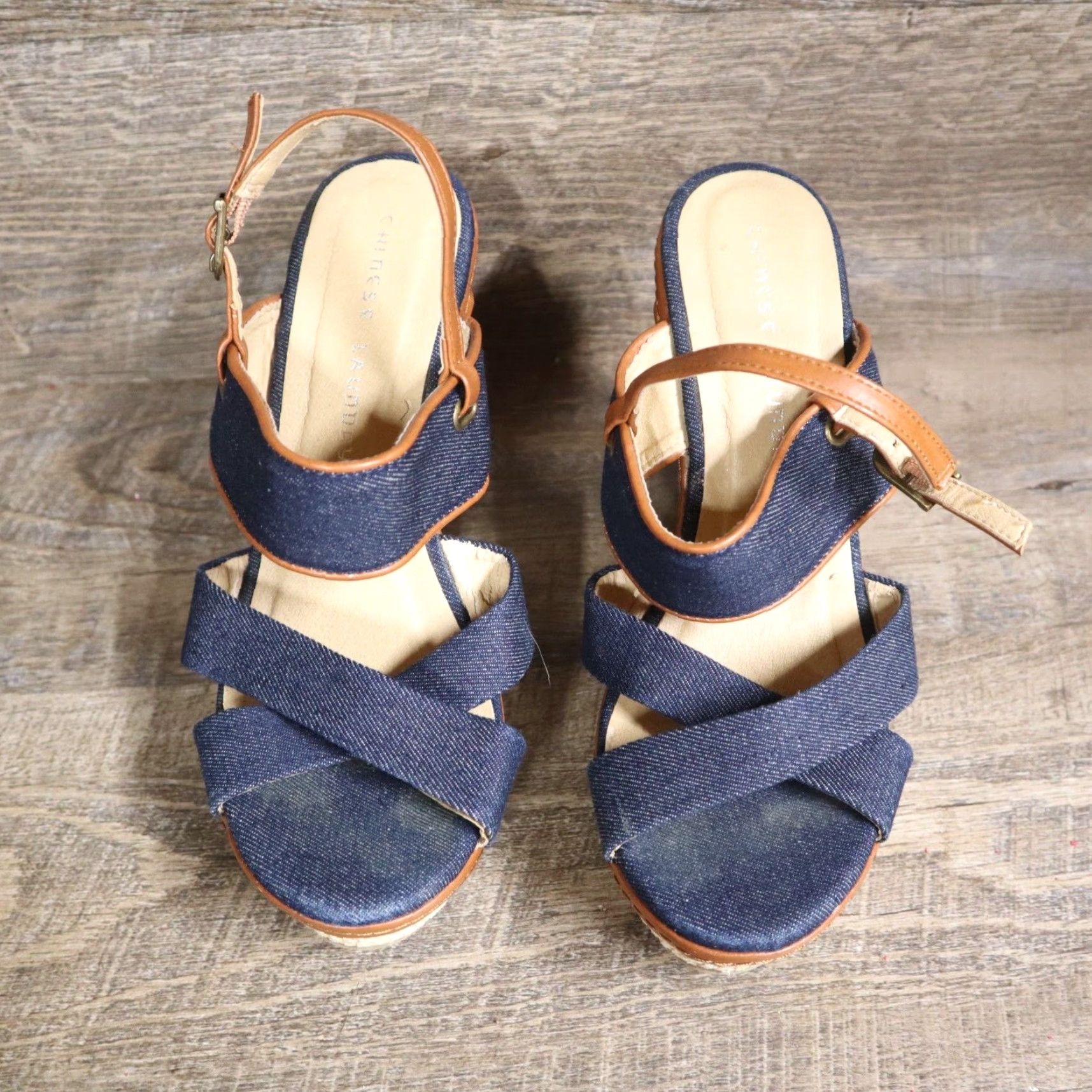 Vintage CL by Chinese Laundry Leather Open Toe Slingback Womens Size 8 Blue Tan WEDGE Shoes Pumps Classics Casual Pattern Solid Med Width 8 Size US 8 / IT 38 - 3 Thumbnail