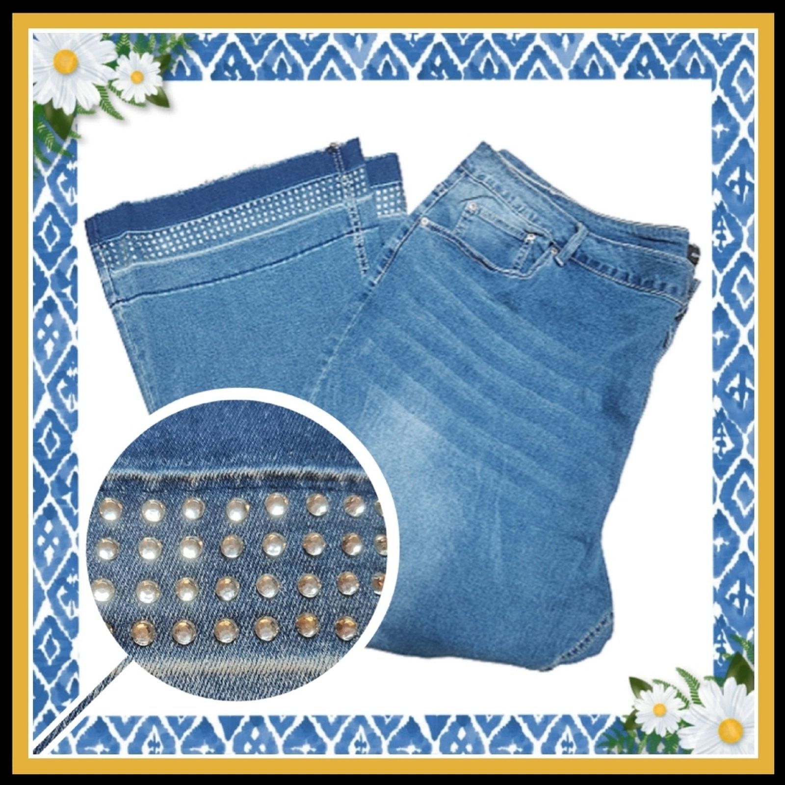 Other Medium Wash ☆ Rhinestone Trimmed ☆ Wide Leg Jeans 32w ☆ NWT Size 32" / US 10 / IT 46 - 1 Thumbnail