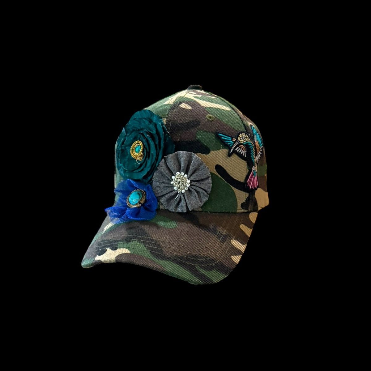 Other Custom/cap embellished with flowers and hummingbird. Size ONE SIZE - 11 Thumbnail