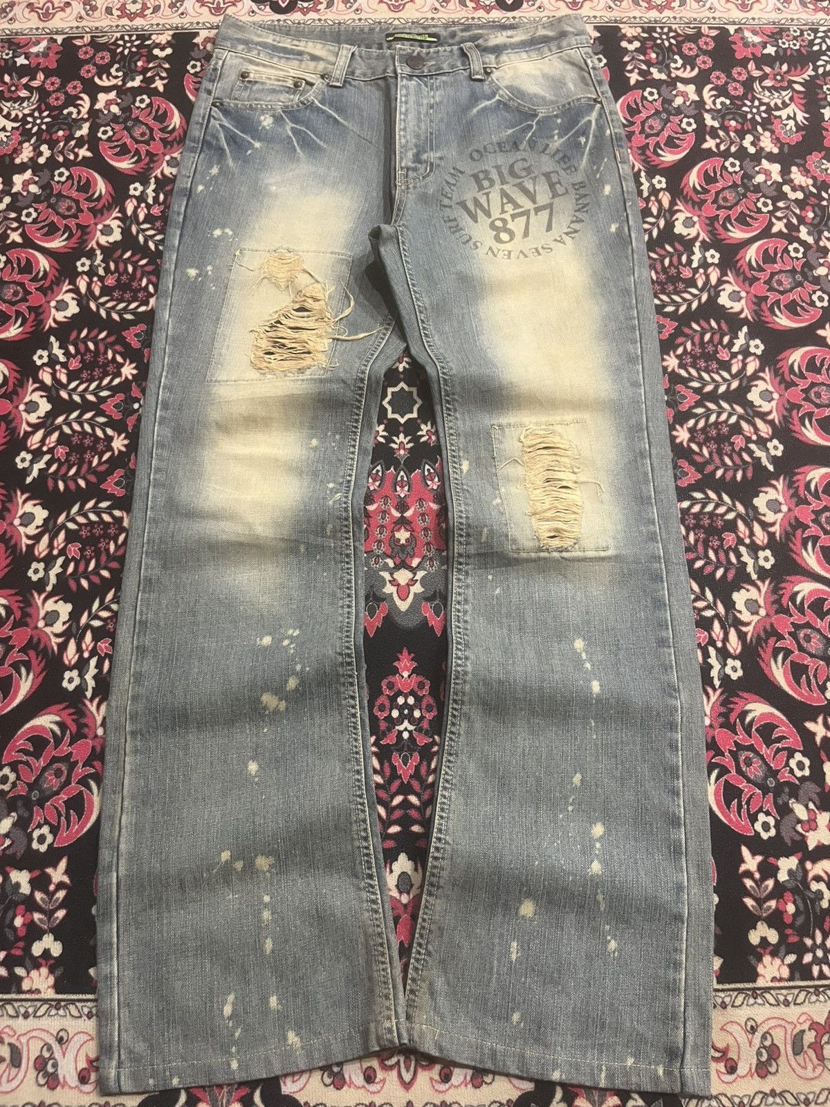Japanese Brand Banana Seven Big Wave 877 Mud Washed Distressed Flare Jeans Size US 32 / EU 48 - 1 Thumbnail