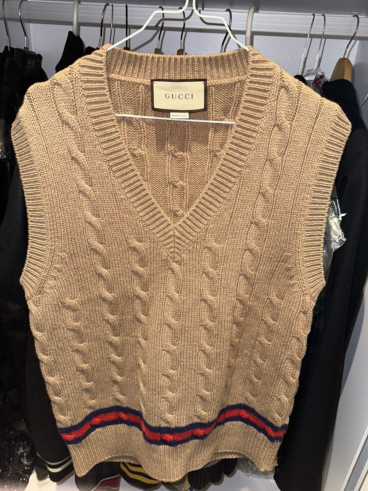 Image of Gucci Cashmere Cable Knit Vest in Camel, Men's (Size Small)