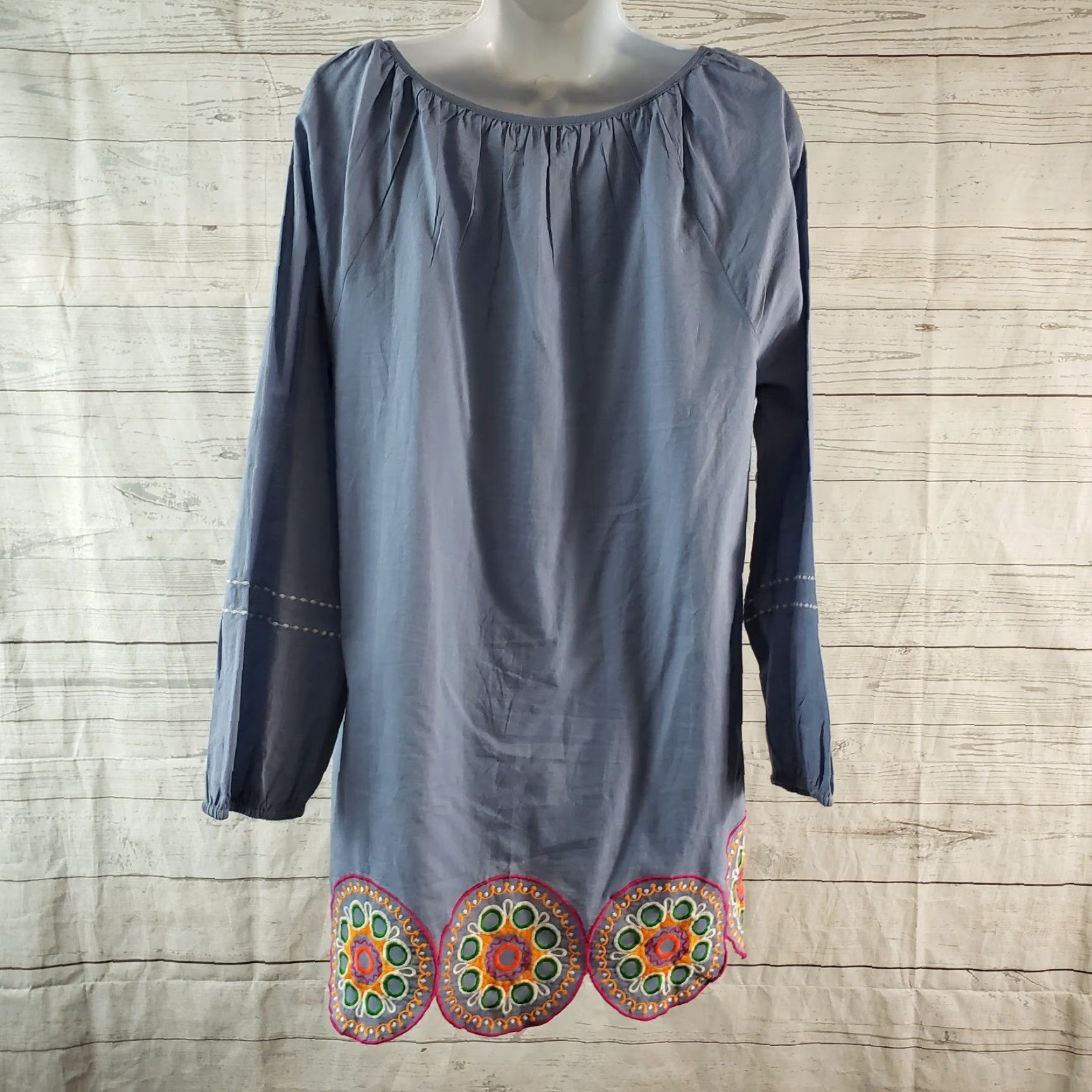 Vintage Mud Pie Womens Tunic Top Blue Pink Embroidered Long Sleeve Cotton Size M, Casual, Blouse, Womens, Tunic Size M / US 6-8 / IT 42-44 - 4 Thumbnail