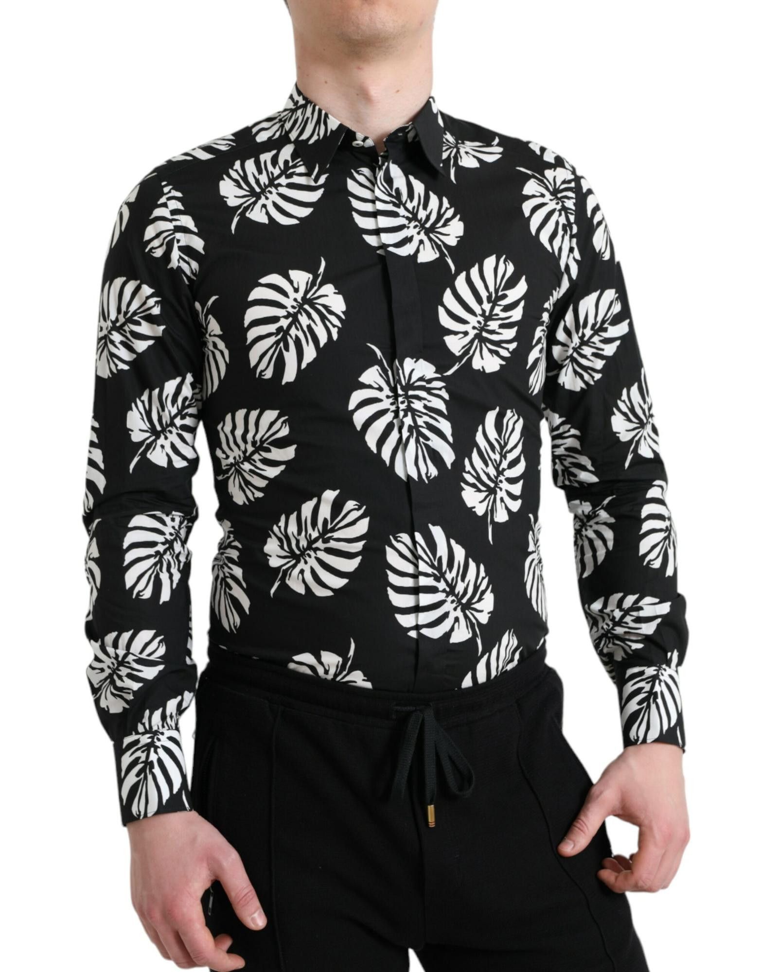 image of Dolce Gabbana Leaf Print Cotton Slim Fit Dress Shirt in Black, Men's (Size Small)