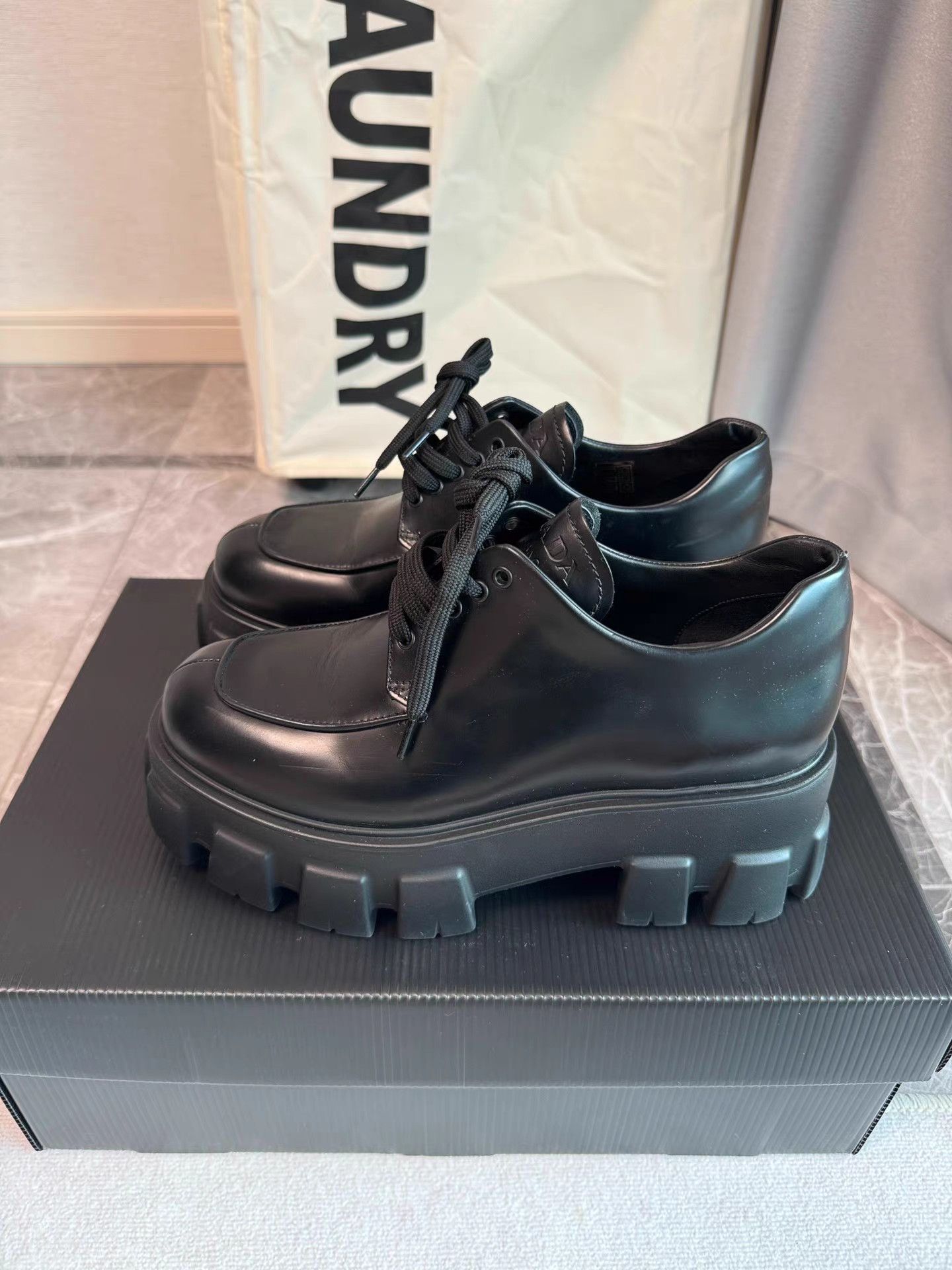 Prada Prada Matte Black Platform Derby Shoes K6 Size US 8 / IT 38 - 1 Thumbnail
