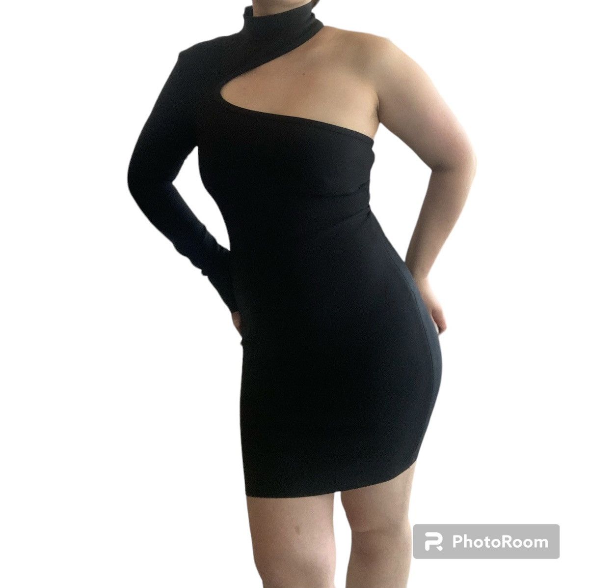 Designer NEW One Shoulder Midi Asymmetrical Dress in Black Size M / US 6-8 / IT 42-44 - 2 Thumbnail