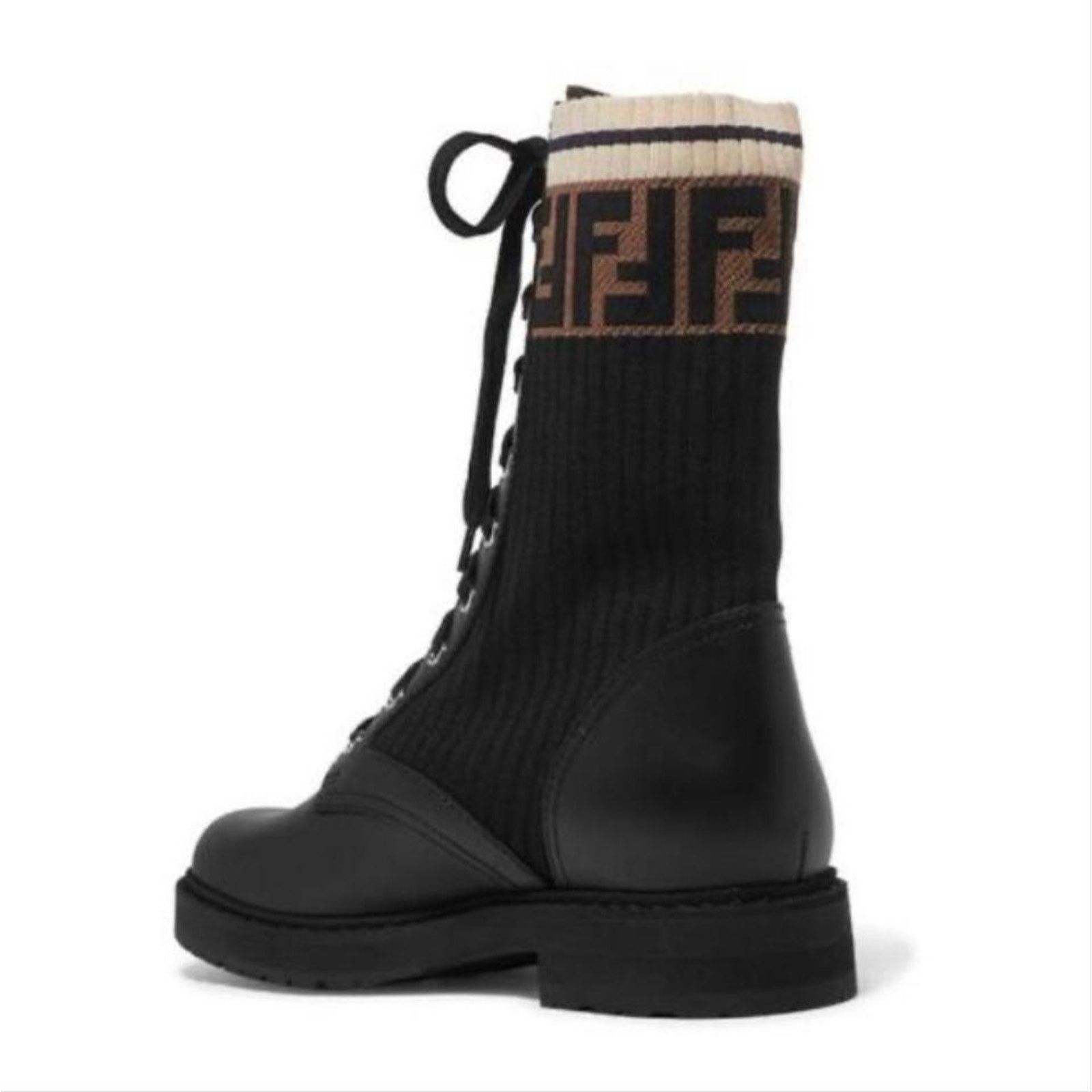 Fendi Rockoko FF logo jacquard stretch knit leather biker boots Size US 11.5 / IT 41.5 - 4 Thumbnail