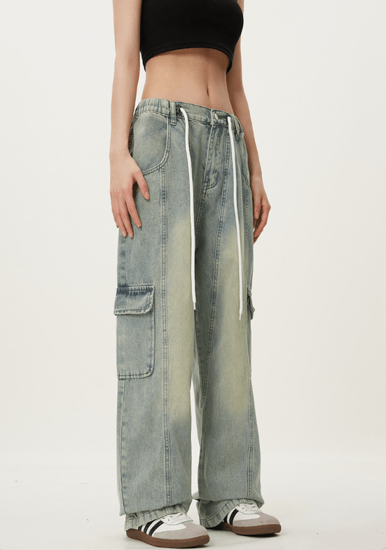 Japanese Brand × Jean Retro elastic waist loose casual drawstring cargo jeans Size US 32 / EU 48 - 2 Thumbnail