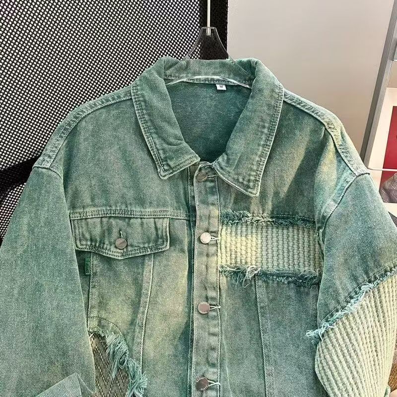 Vintage Mint Green Washed Denim Jacket with Patchwork & Frayed Edges Size US M / EU 48-50 / 2 - 2 Thumbnail