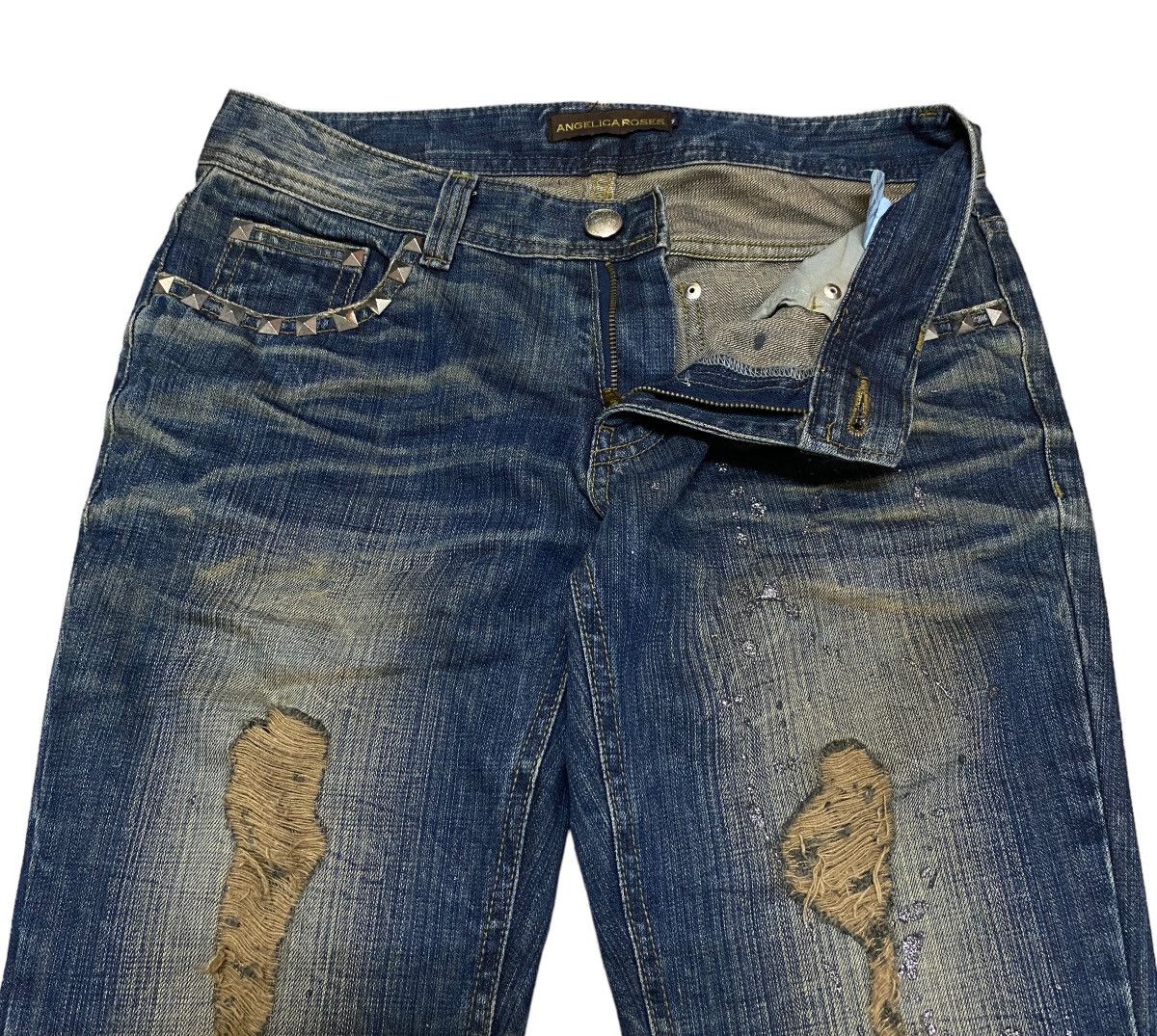 Le Grande Bleu (L.G.B.) Rare Design Vintage Angelica Roses Flared Waxed Jeans 2000s Size US 31 - 6 Thumbnail