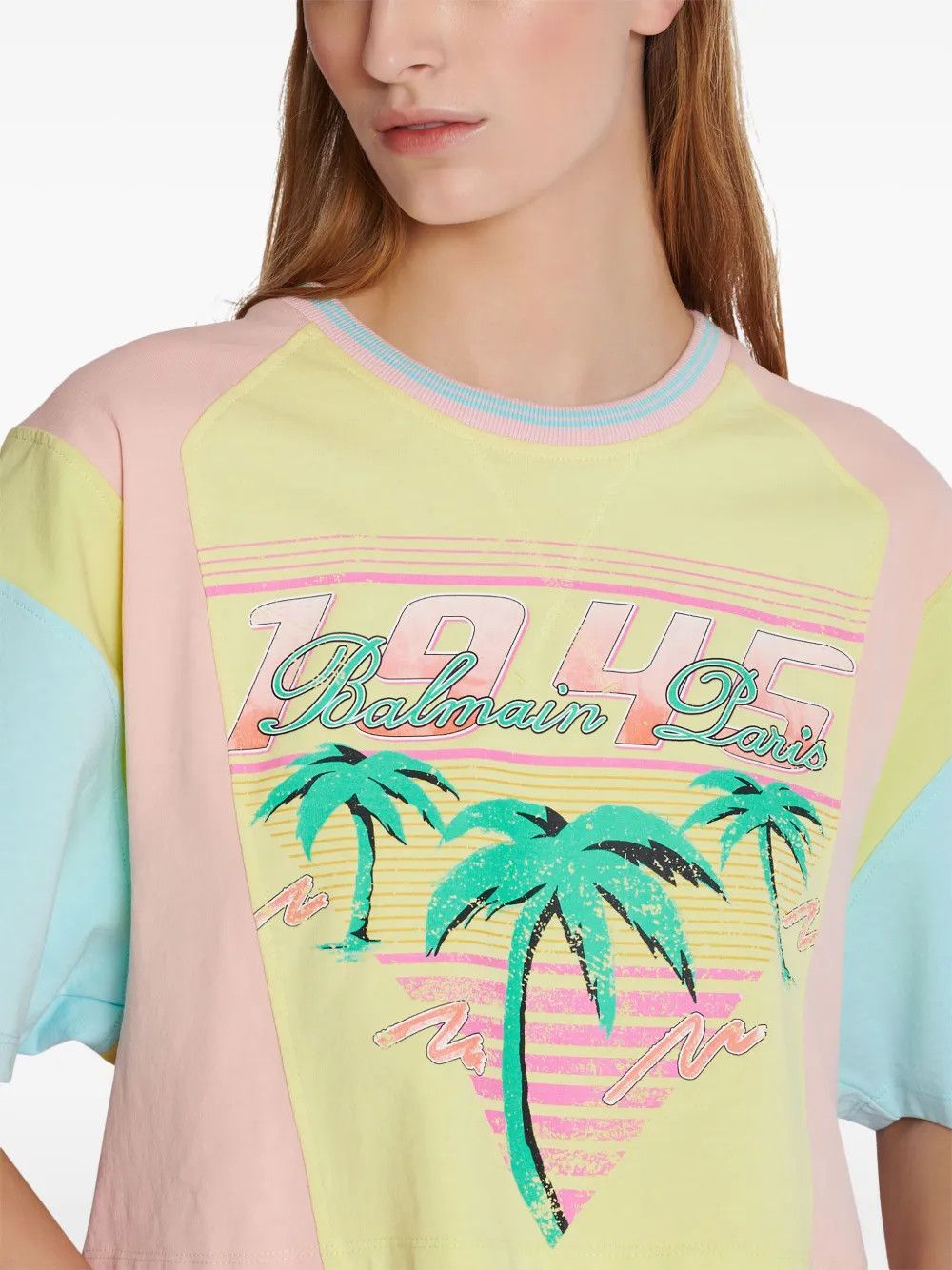 Balmain o1s1wg110725 Palm Tree Print Cropped T-Shirt in Multicolor Size M / US 6-8 / IT 42-44 - 2 Thumbnail
