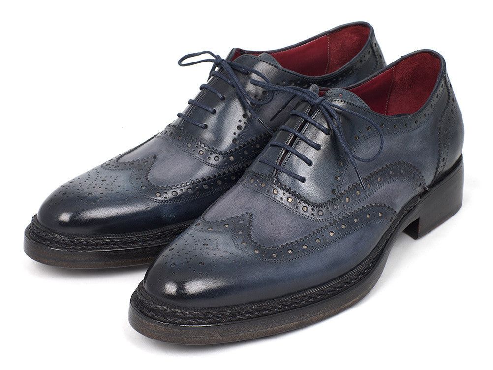 Handmade Men's Triple Leather Sole Wingtip Brogues Blue