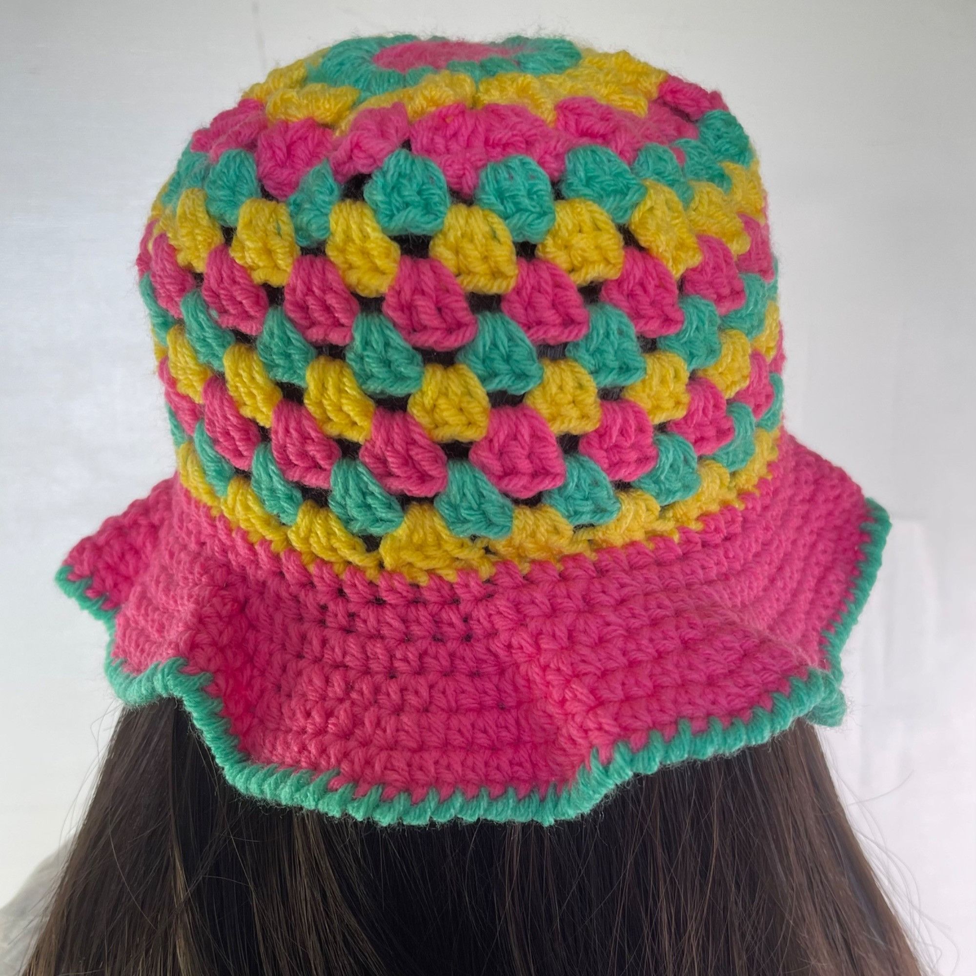 Handmade Crochet Bucket Hat Granny Square Pattern Pink Green Yellow A Size ONE SIZE - 4 Thumbnail