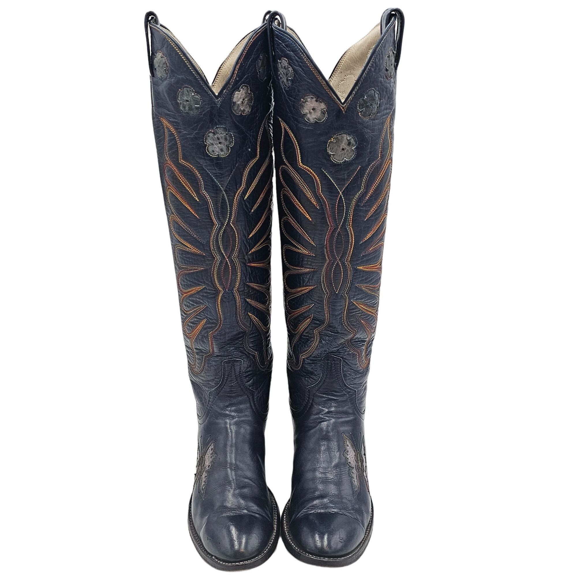 Other Vintage 1970s CUTTER BILL Cowgirl Boots 6B Navy Rainbow Leat Size US 6 / IT 36 - 4 Thumbnail