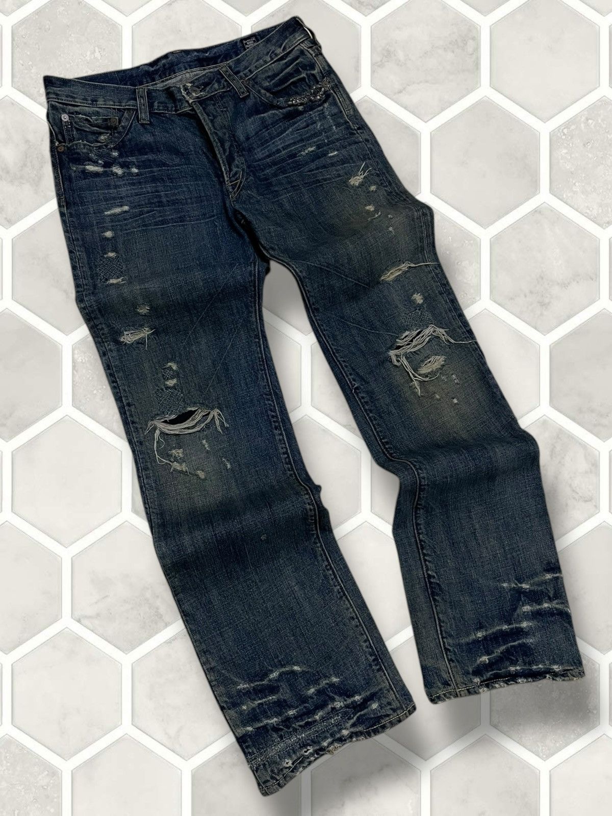 If Six Was Nine Vintage 1990s Rare Designer Japan Bartack Distressed Denim Size US 31 - 2 Thumbnail
