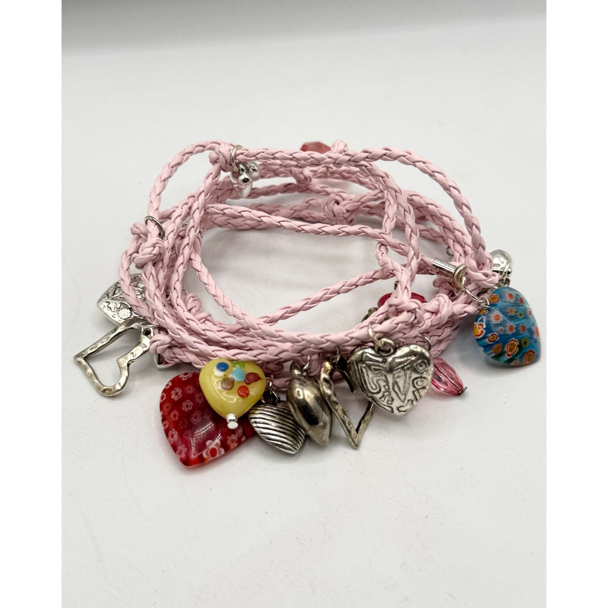 Other Pink braided leatherette Murano Art glass heart charm wrap b Size ONE SIZE - 2 Thumbnail