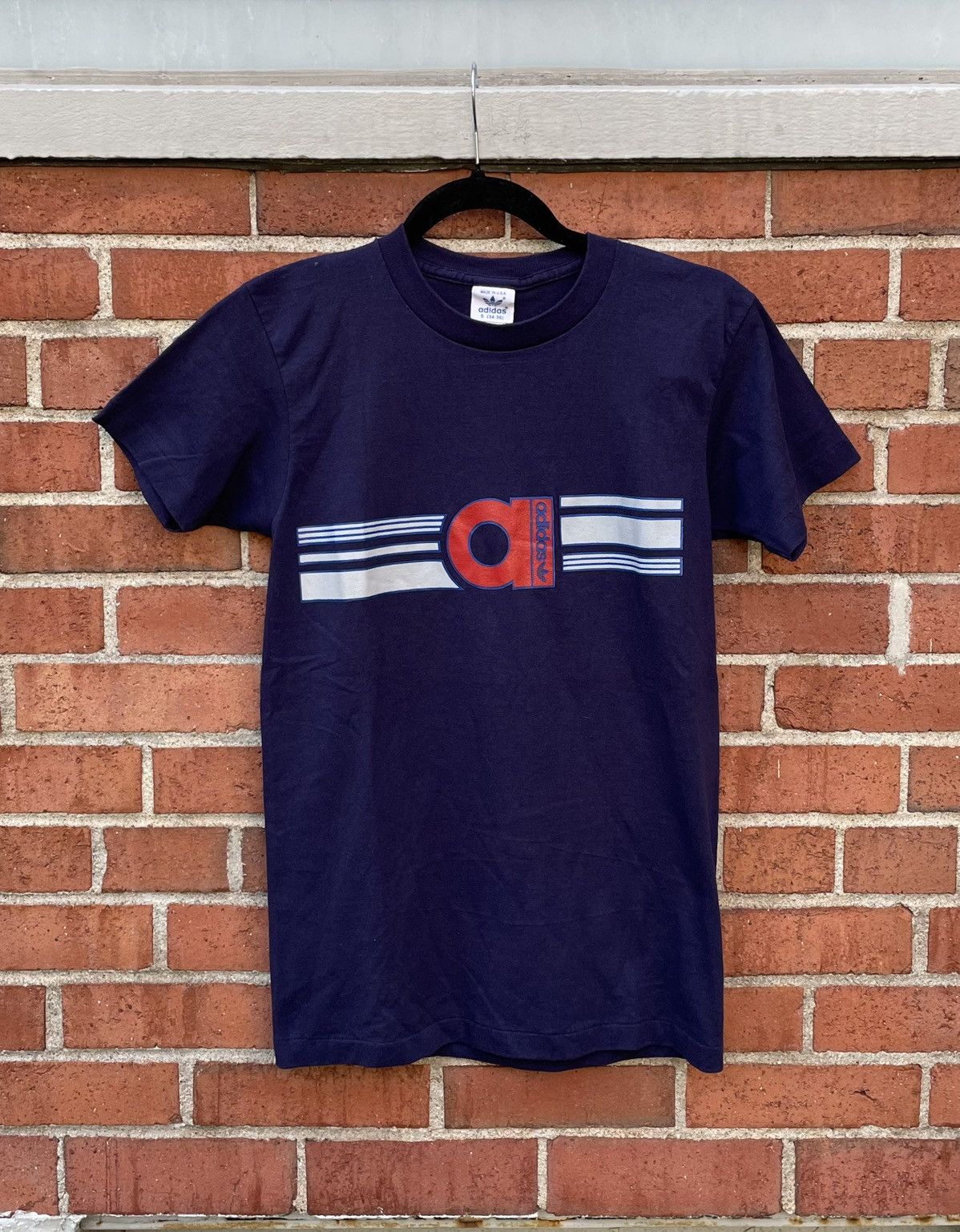 Adidas Vintage 70s/80s Adidas Striped Spellout Graphic T Shirt Size US S / EU 44-46 / 1 - 1 Thumbnail