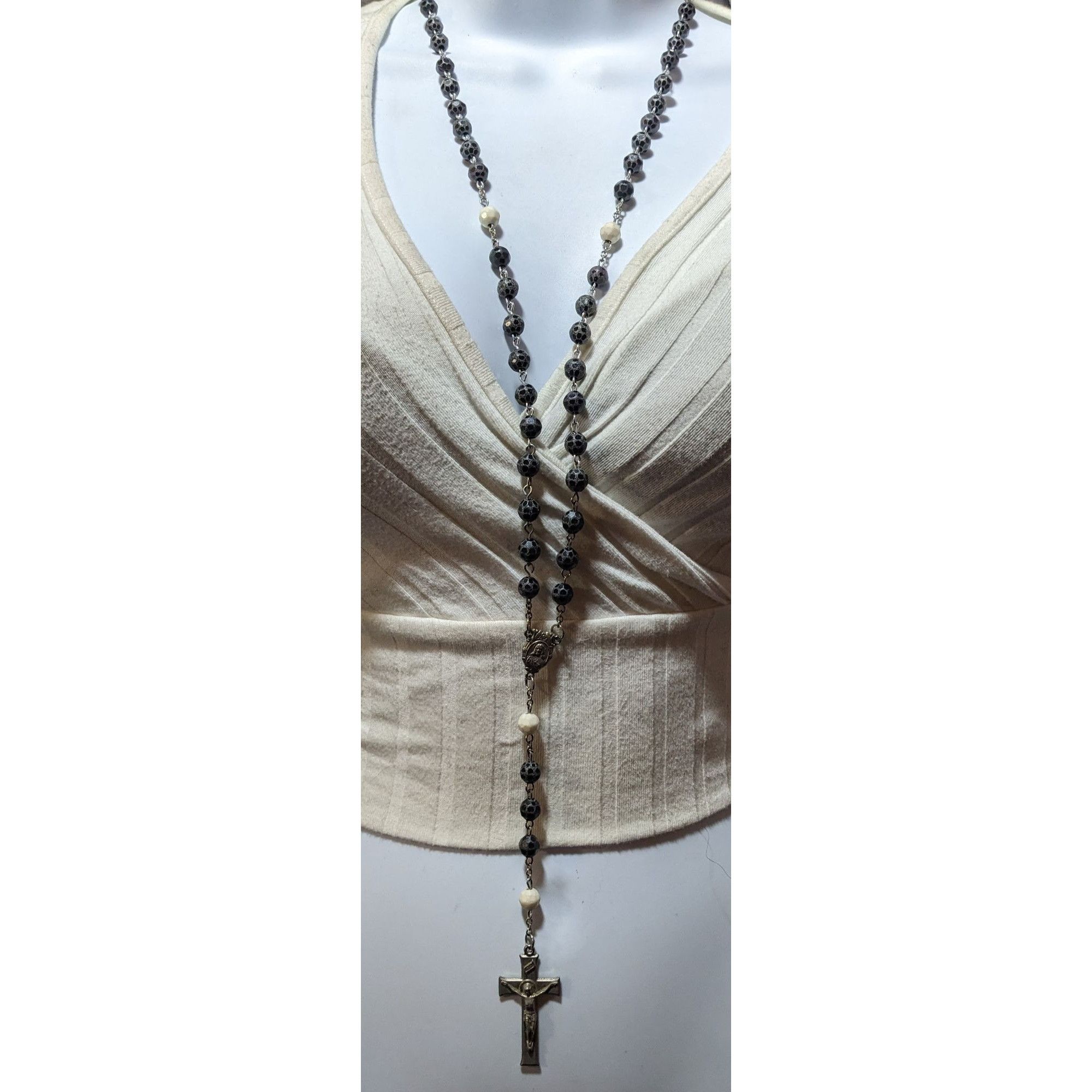 Other Vintage Black White And Silver Tone Textured Beaded Rosary N Size ONE SIZE - 5 Thumbnail