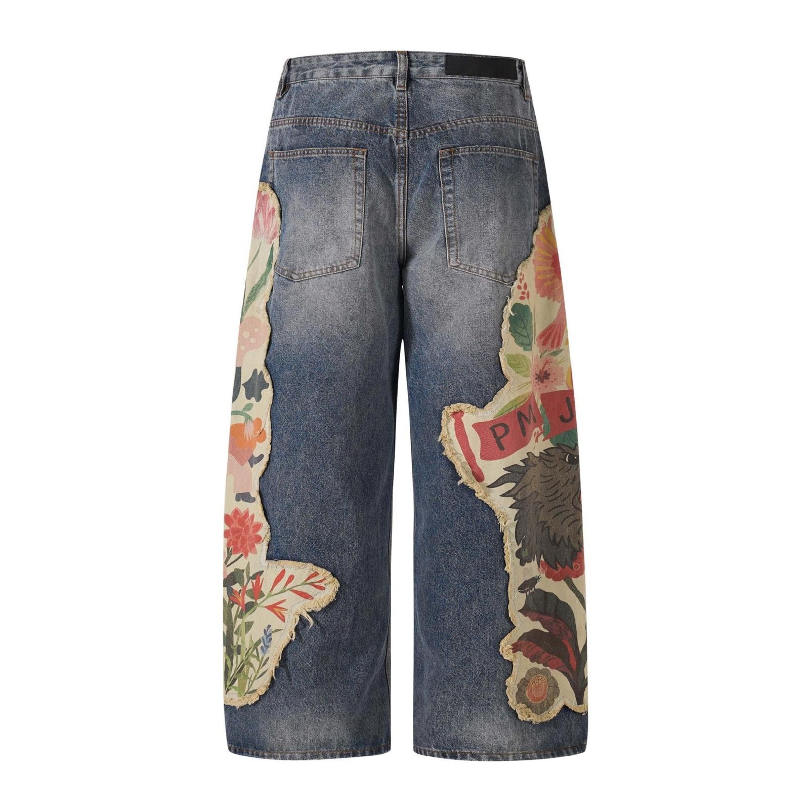 Japanese Brand Blue Wide Leg Denim Jeans with Floral Patchwork Size 32" / US 10 / IT 46 - 3 Thumbnail