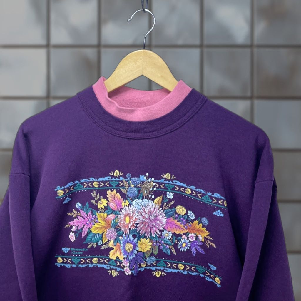 VINTAGE Flowers Grandma Morning Sun Sweatshirt Long Sleeve Pullover Made in USA Large Purple 90s Mens Sweatshirt