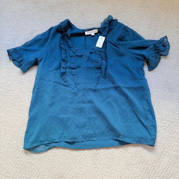 Loft ANN TAYLOR LOFT Blue Ruffle Sleeveless Blouse Career Clip Do Size M / US 6-8 / IT 42-44 - 2 Thumbnail