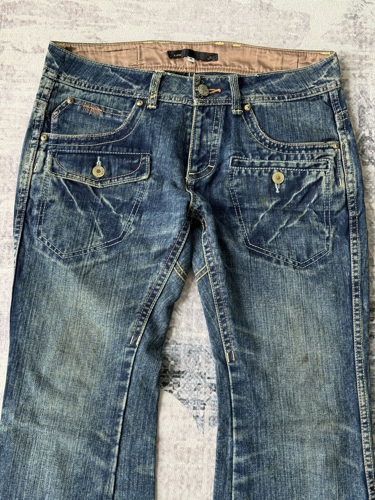 Japanese Brand Vintage Icom Super Flared Distressed Denim / GOA Ikam Style Size US 32 / EU 48 - 2 Thumbnail