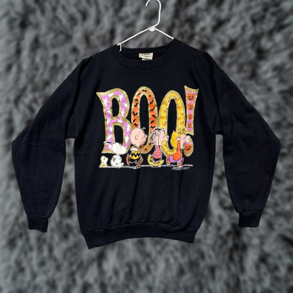 Peanuts VINTAGE Peanuts Halloween Sweatshirt XL Snoopy Charlie Brown Boo Kitsch Graphic Print Crew Neck Pullover Men Black 90s Cartoon Retro Sweatshirt Size US XL / EU 56 / 4 - 1 Thumbnail